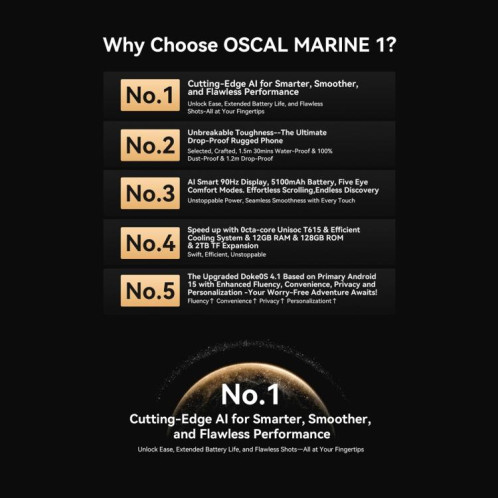  Blackview Oscal Marine 1, 4 Go + 128 Go, écran 6,56 pouces, Android 15, processeur Unisoc UMS9230E T615 Octa Core, réseau : 4G, OTG, NFC (noir) SB101B1585-050